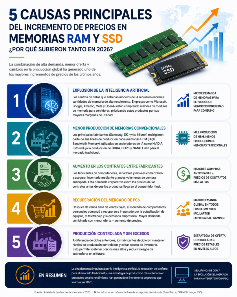 Gráfico de aumento de precios en memorias RAM y SSD en 2026 con tendencia ascendente y análisis de causas principales.